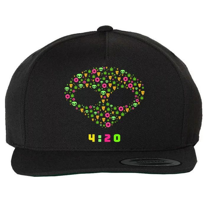 420 Alien Face Marijuana Weed With Pizza and Donuts Wool Snapback Cap