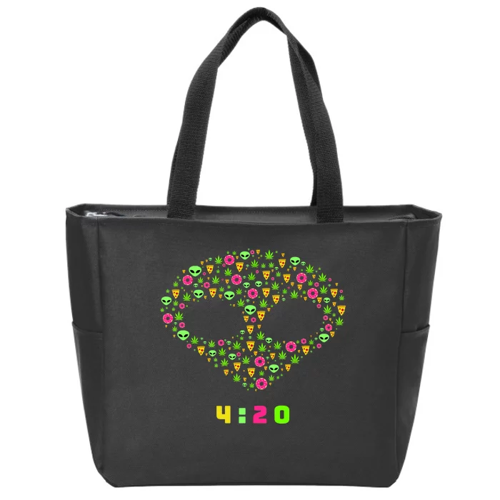 420 Alien Face Marijuana Weed With Pizza and Donuts Zip Tote Bag