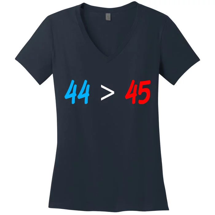 44 > 45 Red White Blue 44th President is Greater Than 45 Women's V-Neck T-Shirt