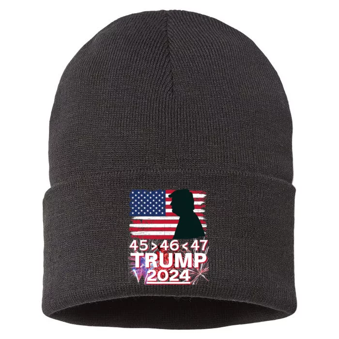 45 46 47 Trump 2024 Vintage American Flag Fireworks Sustainable Knit Beanie