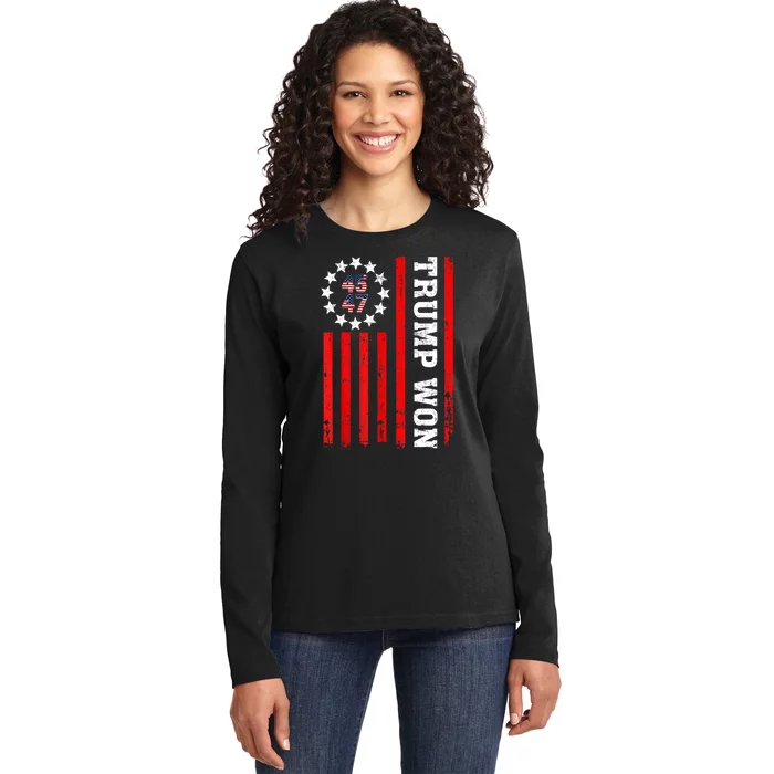 45 47th President Trump Won 2024 Usa Flag Gift Ladies Long Sleeve Shirt