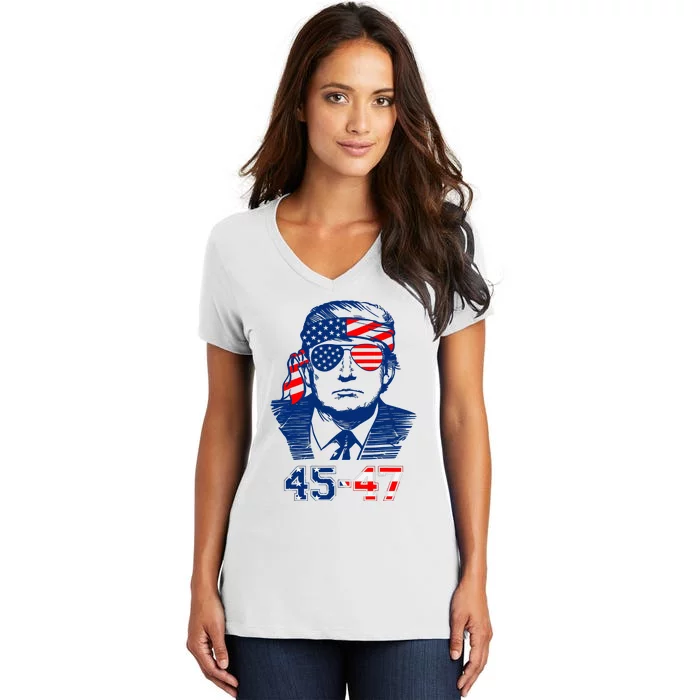 45 47 Trump 2024 American Flag Women's V-Neck T-Shirt