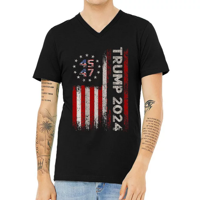 45 47 Trump 2024 American Flag V-Neck T-Shirt