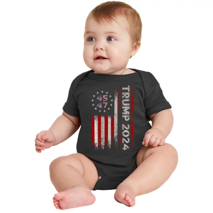 45 47 Trump 2024 American Flag Baby Bodysuit