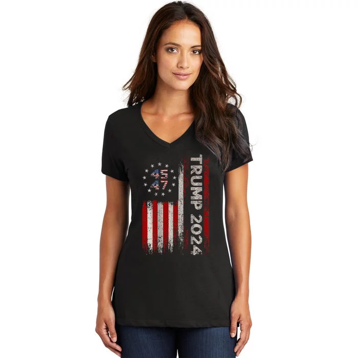 45 47 Trump 2024 American Flag Women's V-Neck T-Shirt