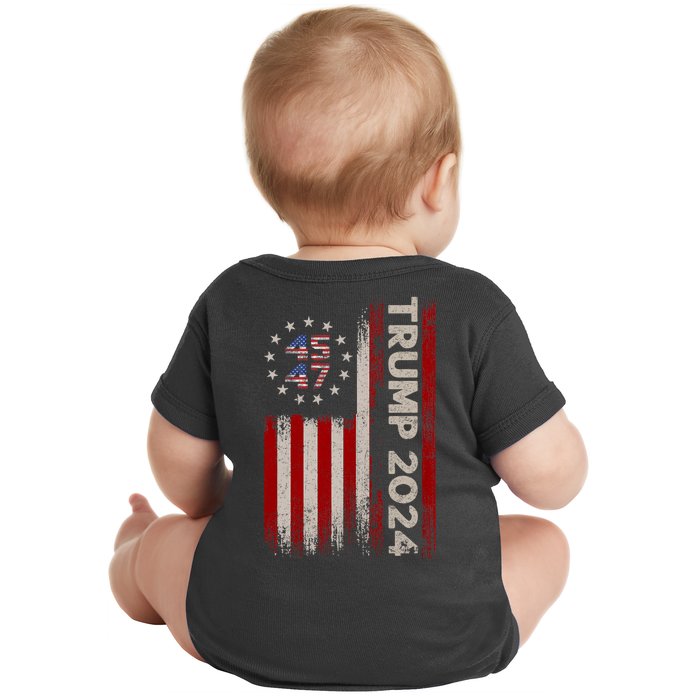 45 47 Trump 2024 American Flag Front And Back Front & Back Baby Bodysuit