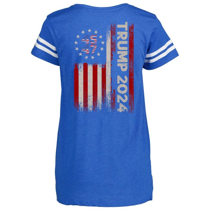 45 47 Trump 2024 American Flag Front And Back Front & Back Enza Ladies Jersey Football T-Shirt