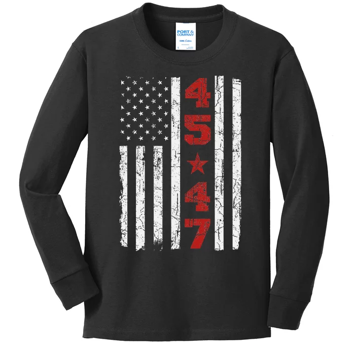 45 47 Trump Vintage Usa Flag 2024 President Election Politic Kids Long Sleeve Shirt