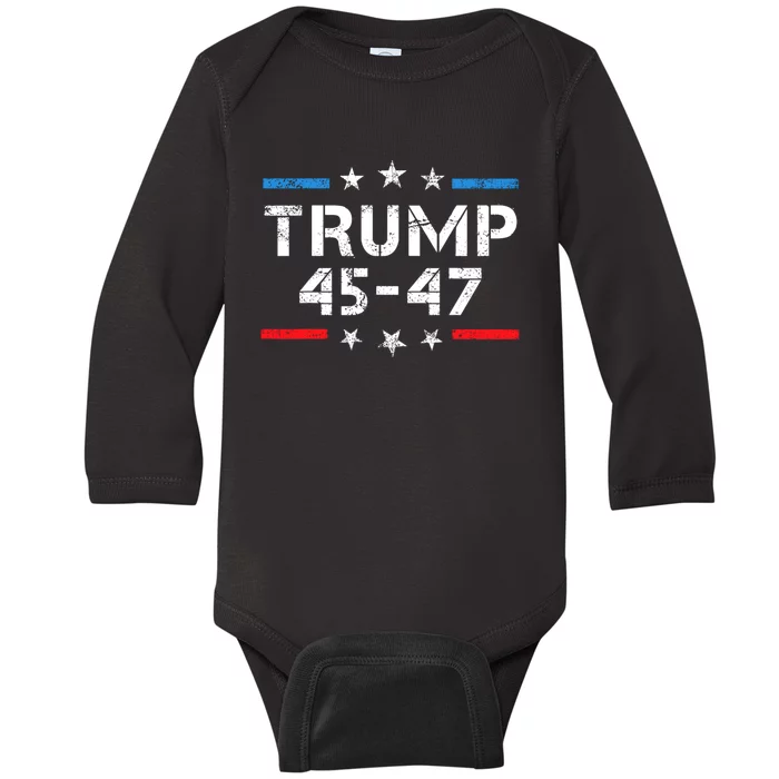 45 47 Trump 2024 American Flag Baby Long Sleeve Bodysuit