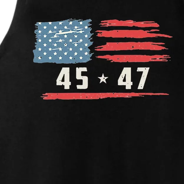 45 47 Trump President Vintage American Flag 2024 Pocket Ladies Tri-Blend Wicking Tank