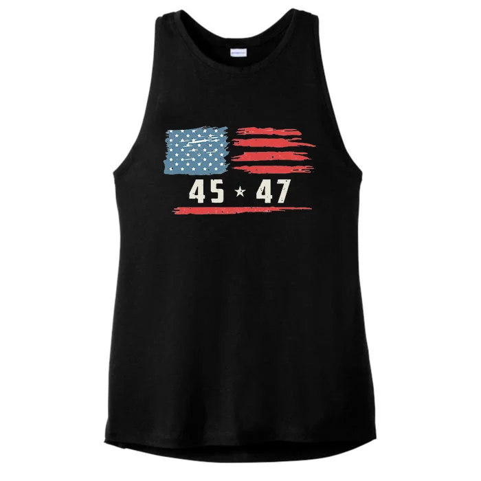 45 47 Trump President Vintage American Flag 2024 Pocket Ladies Tri-Blend Wicking Tank