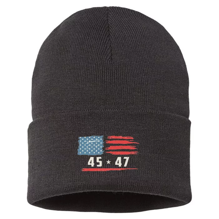 45 47 Trump President Vintage American Flag 2024 Pocket Sustainable Knit Beanie