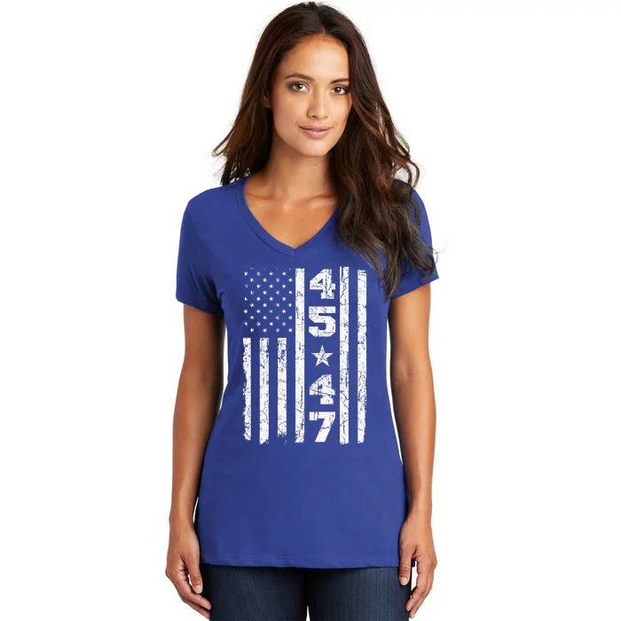 45 47 Trump Vintage Usa Flag 2024 President Election Politic Women's V-Neck T-Shirt