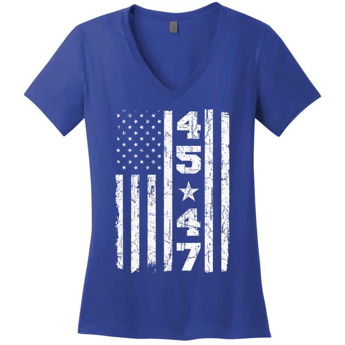 45 47 Trump Vintage Usa Flag 2024 President Election Politic Women's V-Neck T-Shirt