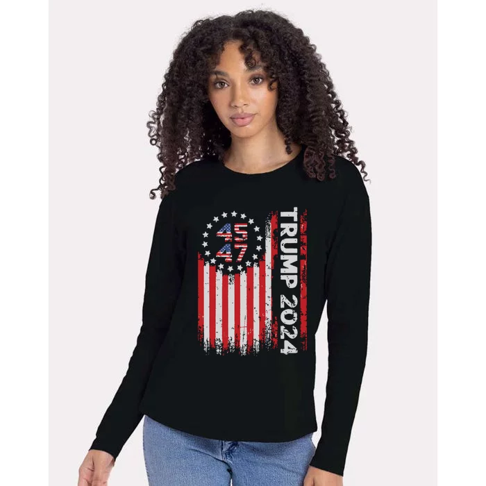 45 47 Trump 2024 American Flag Womens Cotton Relaxed Long Sleeve T-Shirt