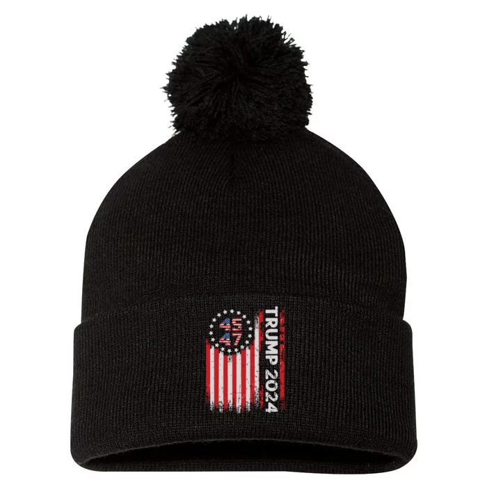 45 47 Trump 2024 American Flag Pom Pom 12in Knit Beanie