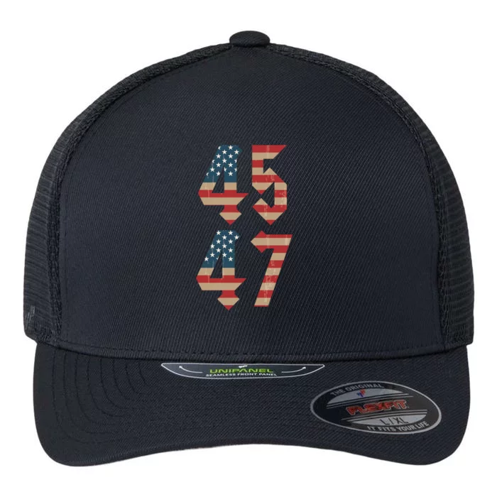 45 47 Trump 2024 Vintage USA American Flag Trump For President MAGA Flexfit Unipanel Trucker Cap