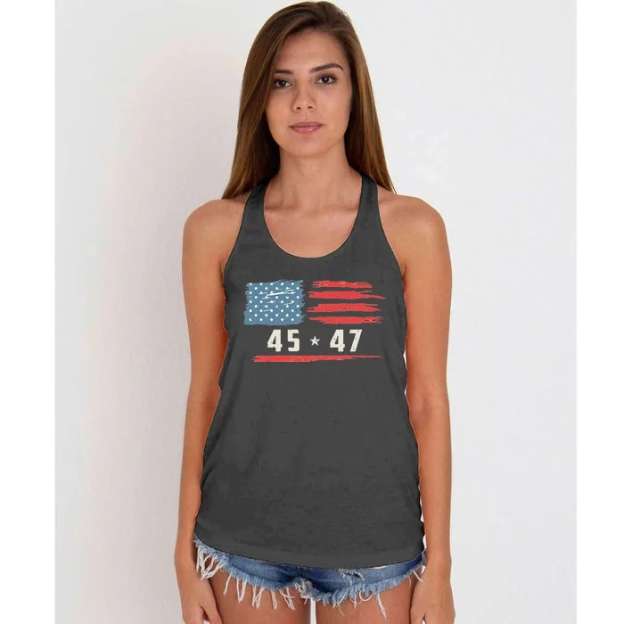 45 47 Trump President Vintage American Flag 2024 Pocket Women's Knotted Racerback Tank