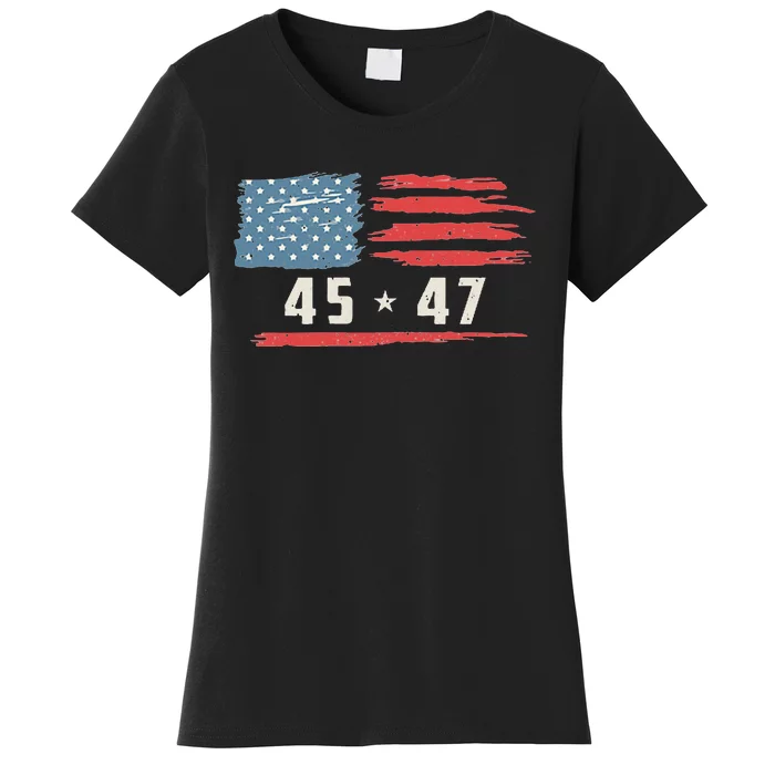 45 47 Trump President Vintage American Flag 2024 Pocket Women's T-Shirt