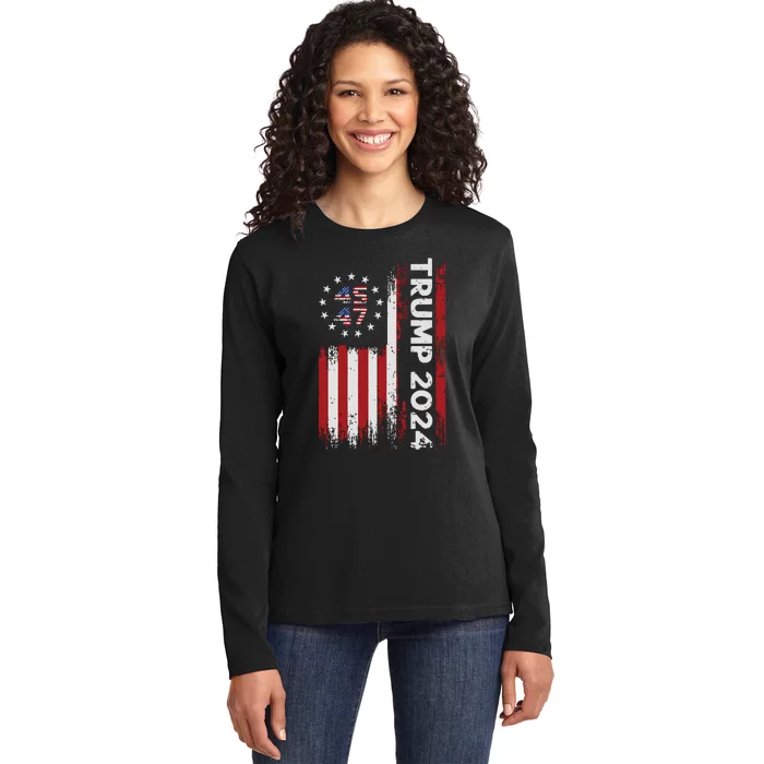 45 47 Trump 2024 American Flag Ladies Long Sleeve Shirt