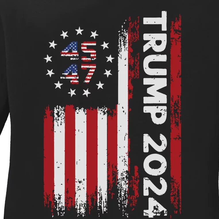 45 47 Trump 2024 American Flag Ladies Long Sleeve Shirt