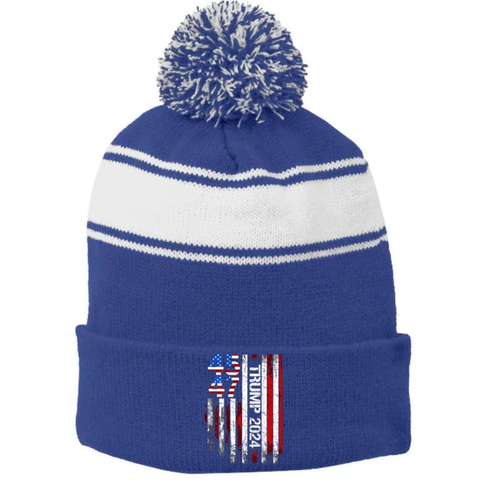 45 47 Trump 2024 American Flag Stripe Pom Pom Beanie