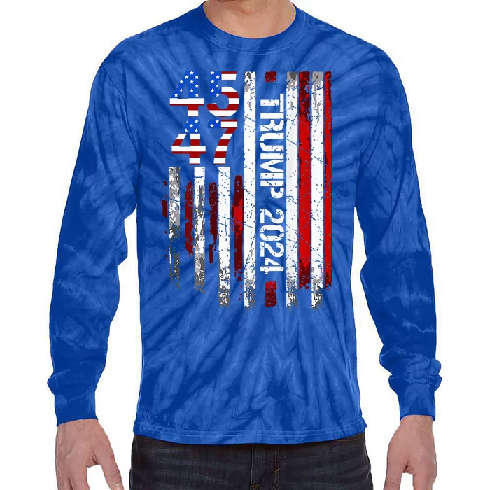 45 47 Trump 2024 American Flag Tie-Dye Long Sleeve Shirt