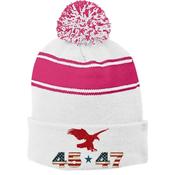 45 47 Trump 2024 President Election Patriotic Eagle Usa Flag Stripe Pom Pom Beanie