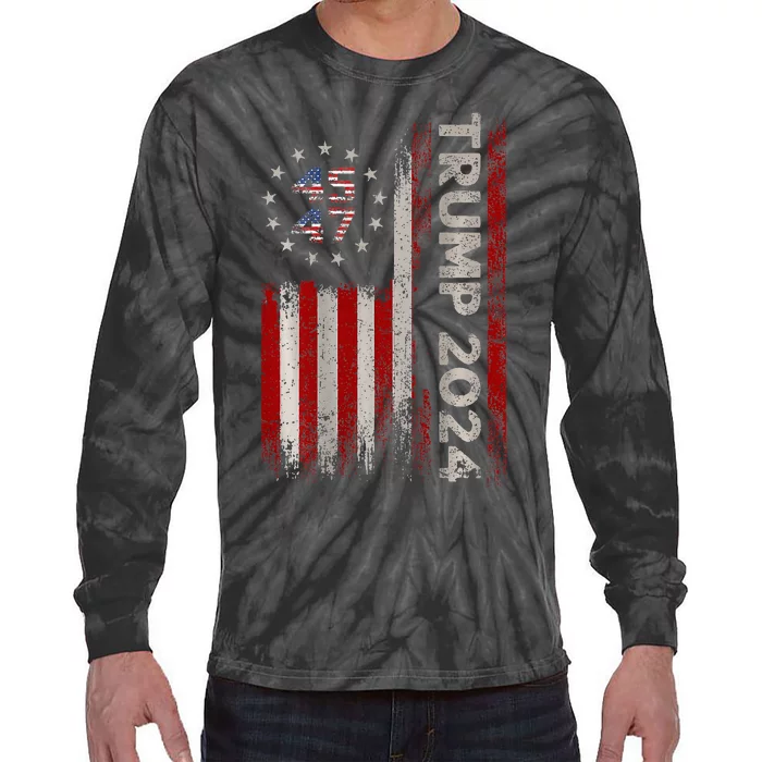 45 47 Trump 2024 American Flag (On Back) Tie-Dye Long Sleeve Shirt