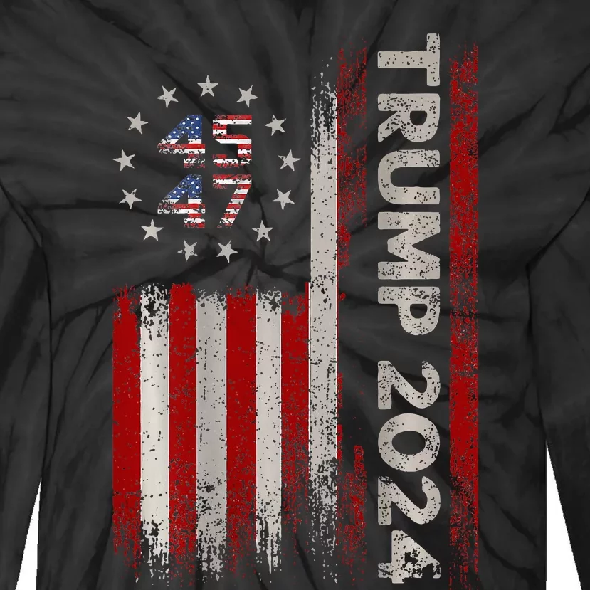 45 47 Trump 2024 American Flag (On Back) Tie-Dye Long Sleeve Shirt