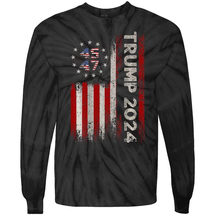 45 47 Trump 2024 American Flag (On Back) Tie-Dye Long Sleeve Shirt