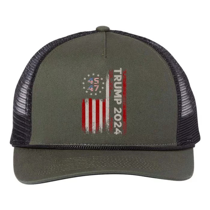 45 47 Trump 2024 American Flag Retro Rope Trucker Hat Cap