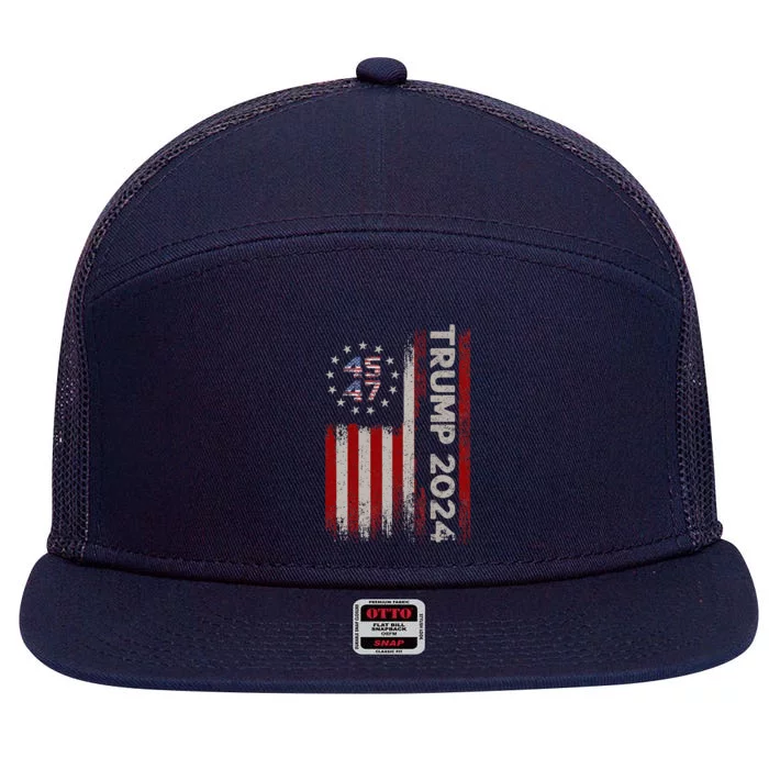 45 47 Trump 2024 American Flag 7 Panel Mesh Trucker Snapback Hat