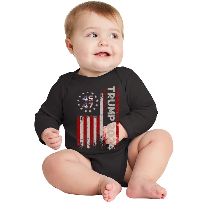 45 47 Trump 2024 American Flag Baby Long Sleeve Bodysuit