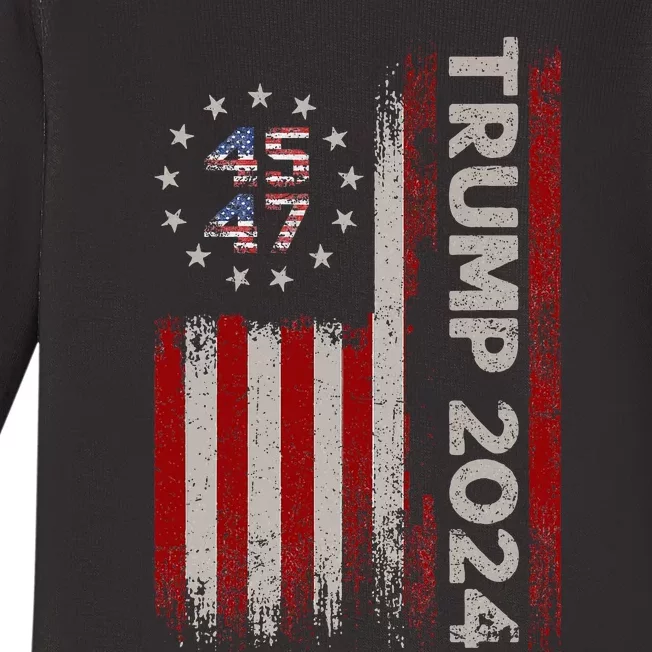 45 47 Trump 2024 American Flag Baby Long Sleeve Bodysuit