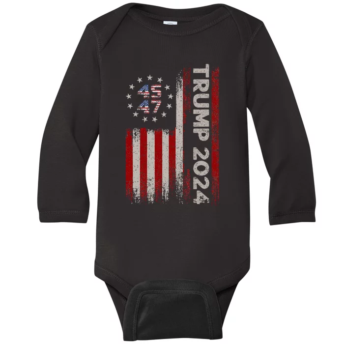 45 47 Trump 2024 American Flag Baby Long Sleeve Bodysuit