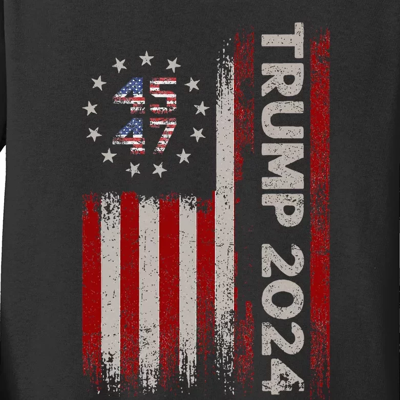 45 47 Trump 2024 American Flag Kids Long Sleeve Shirt