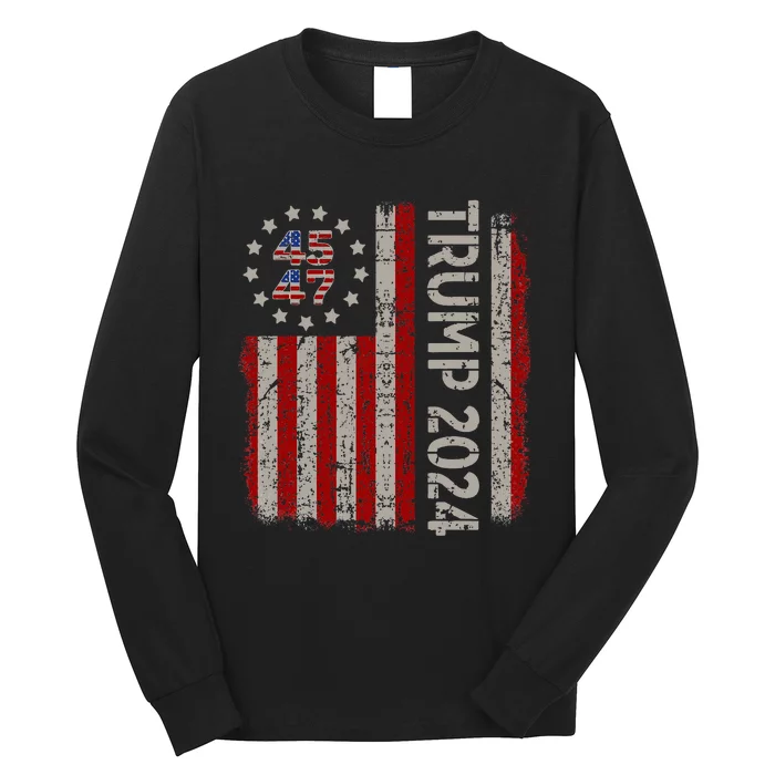 45 47 Trump 2024 American Flag Long Sleeve Shirt