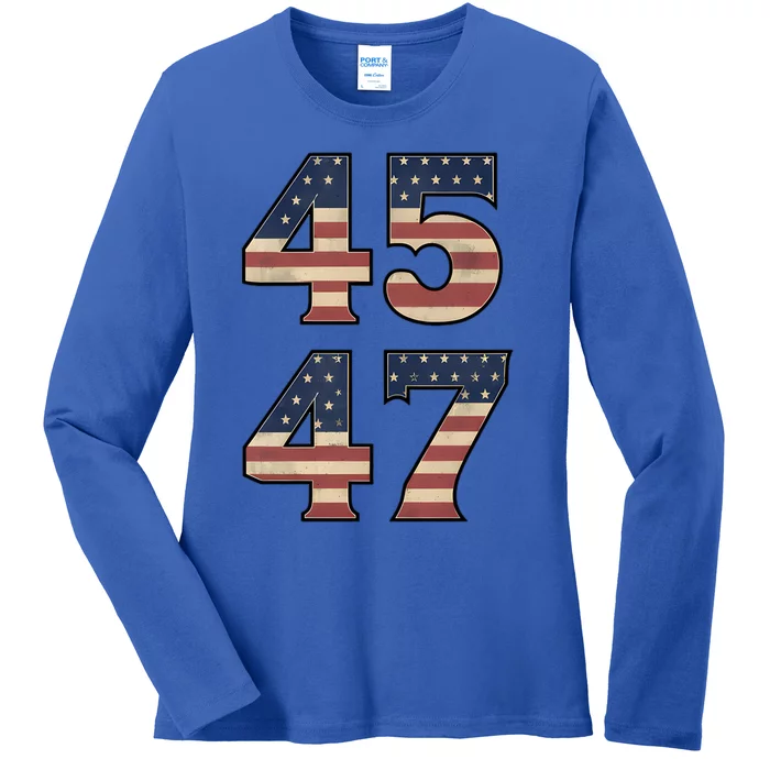 45 47 Trump 2024 Vintage American Flag Gift Ladies Long Sleeve Shirt