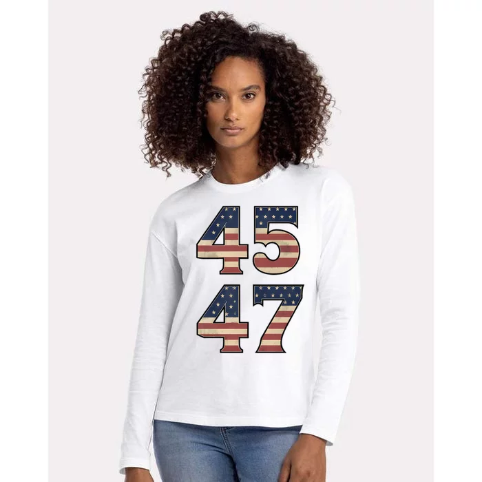 45 47 Trump 2024 Vintage American Flag Gift Womens Cotton Relaxed Long Sleeve T-Shirt