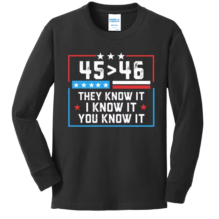 45 > 46 They Know It I Know It You Know It Trump President Kids Long Sleeve Shirt