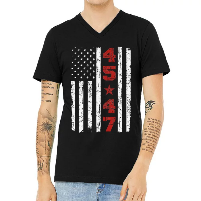 45 47 Trump Vintage Usa Flag 2024 President Election Politic V-Neck T-Shirt