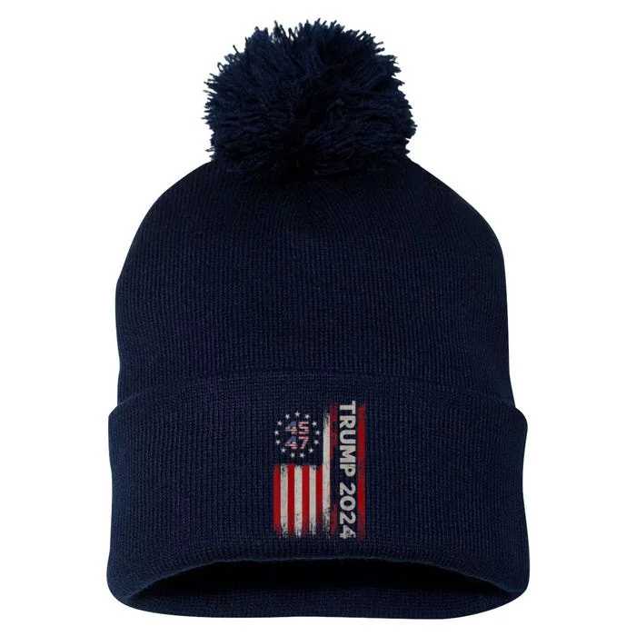 45 47 Trump 2024 American Flag Pom Pom 12in Knit Beanie