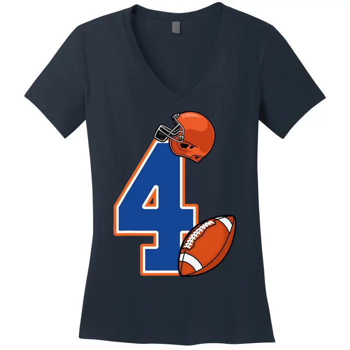 4th Birthday American Football Big Number 4 Year Old Women's V-Neck T-Shirt