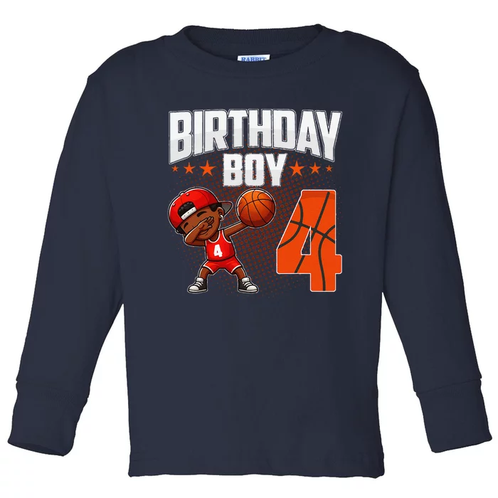 4th Birthday Boy Basketball Dabbing 4 Years Old Afro Boy Toddler Long Sleeve Shirt