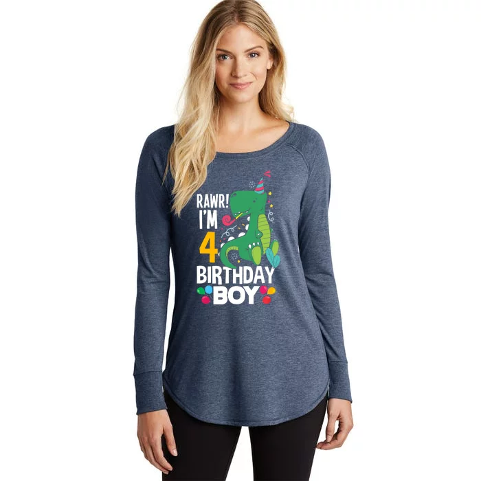 4th Birthday Boy 4 Year Old Birthday Boy T Rex Dinosaur Women's Perfect Tri Tunic Long Sleeve Shirt