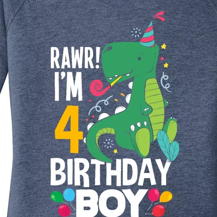 4th Birthday Boy 4 Year Old Birthday Boy T Rex Dinosaur Women's Perfect Tri Tunic Long Sleeve Shirt