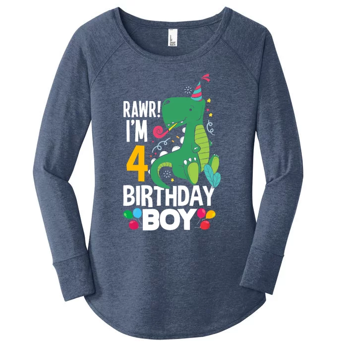 4th Birthday Boy 4 Year Old Birthday Boy T Rex Dinosaur Women's Perfect Tri Tunic Long Sleeve Shirt