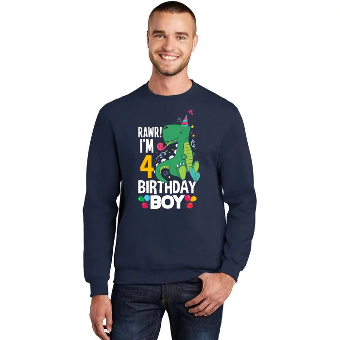 4th Birthday Boy 4 Year Old Birthday Boy T Rex Dinosaur Tall Sweatshirt