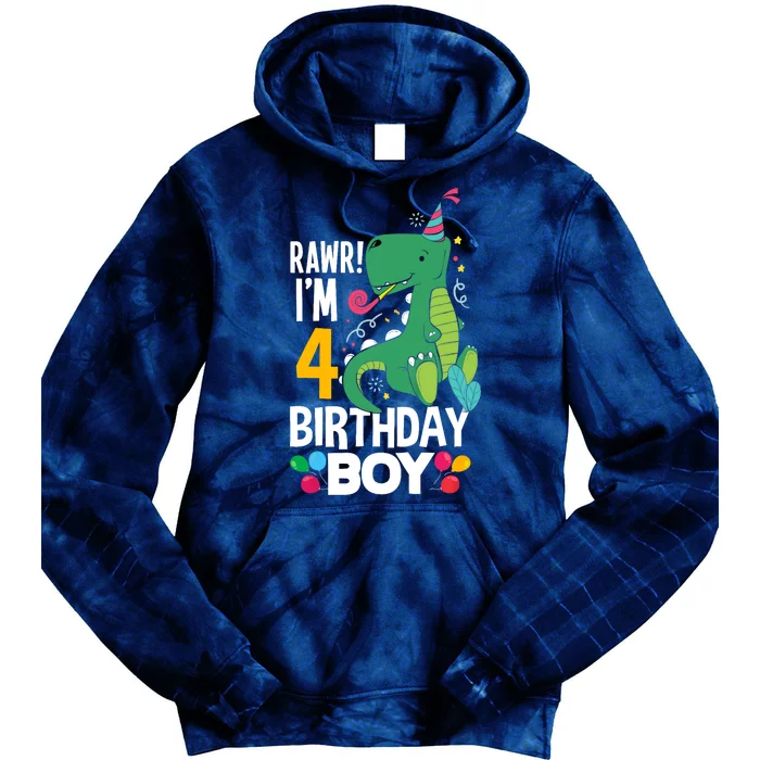 4th Birthday Boy 4 Year Old Birthday Boy T Rex Dinosaur Tie Dye Hoodie